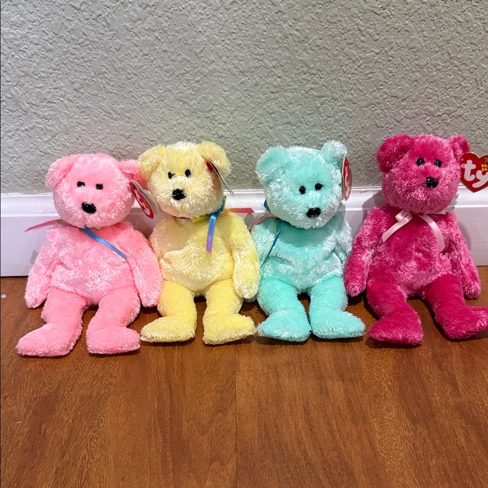 Ty Plush Teddy Bear Quartet - Pink, Yellow, Mint, Magenta